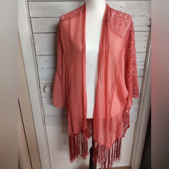 Maurices 2X/3X Coral Orange Open Front Kimono Cardigan Cover Up Coastal - Picture 1 of 12